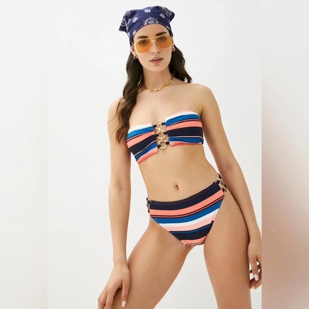 NWT Michael Kors Persimmon Multi Striped Bandeau Bikini Set size XS